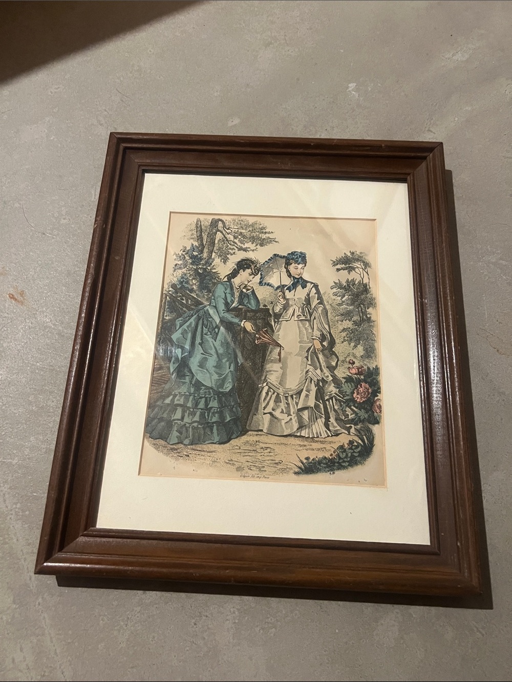 Vintage Fashion Print in Brown Wood Frame - Teal & Cream Illustration